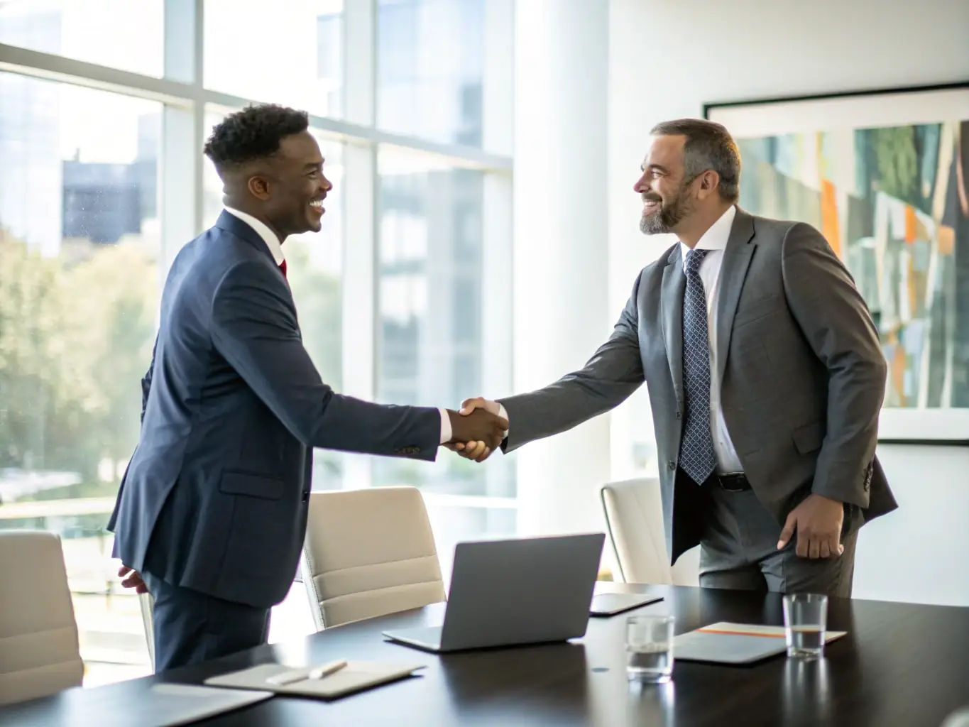 A professional photograph depicting a successful merger closing, with executives shaking hands in a modern office setting, symbolizing the culmination of a successful M&A deal facilitated by corpfinsuk.fun.