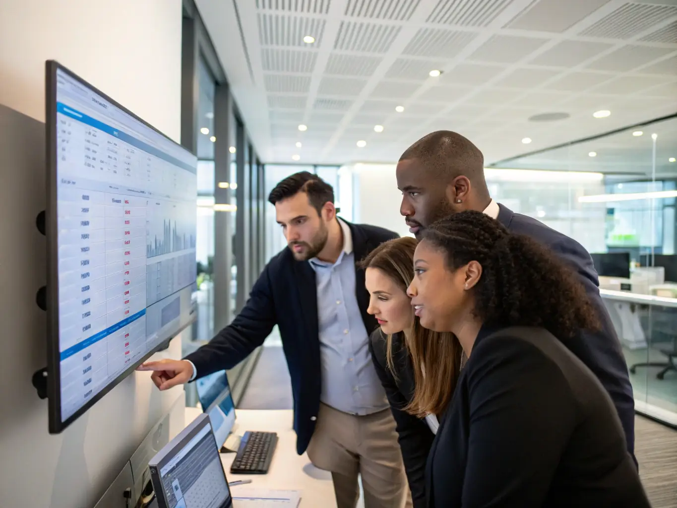 An image showcasing a diverse team of financial analysts working collaboratively on financial models and reports, highlighting the expertise and teamwork involved in providing corporate restructuring services.